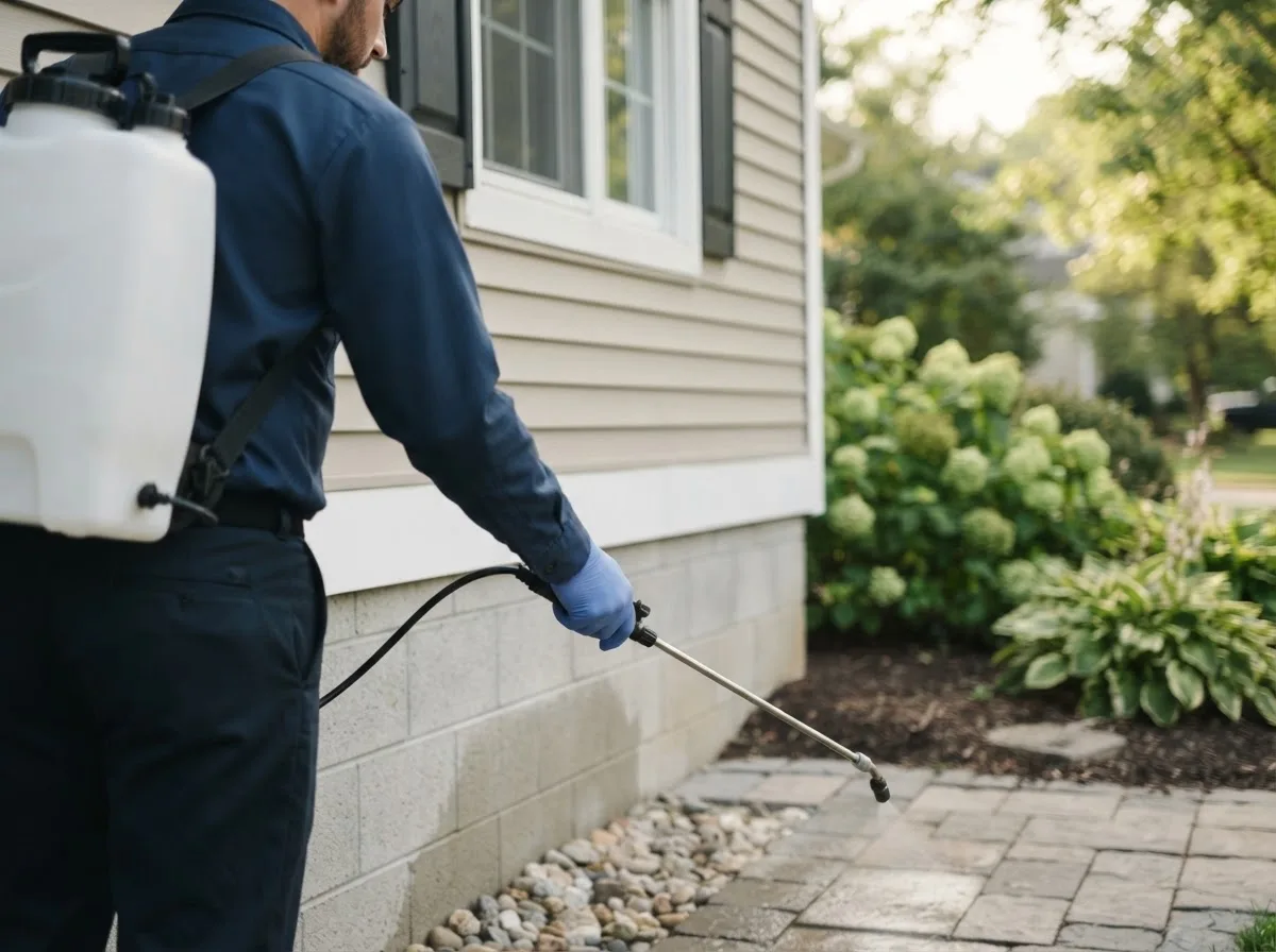 Pest control technician inspecting a home in Hermansville, MI